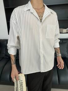 Manfinity Dauomo 男士休闲长袖单排扣口袋宽松条纹衬衫 - 彩色 - 查看 4