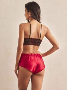SHEIN Floral Lace Bralet With Satin Shorts - Burgundy - View 2