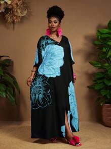 SHEIN CURVE+ 大码女装春夏休闲优雅波西米亚风黑色编织V领直筒连衣裙卡夫坦连衣裙大码连衣裙复活节连衣裙女士春季套装，曲线加大码，波西米亚度假夏季/乡村/海滩度假装/沙滩装/沙滩装，女士夏季连衣裙，休闲连衣裙 - 彩色 - 查看 3