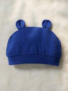 SHEIN 2 件婴幼儿条纹熊图案连体衣和立方耳帽，儿童服装套装，婴儿服装，适合秋冬季场合和日常穿着 - 藍色 - 查看 4