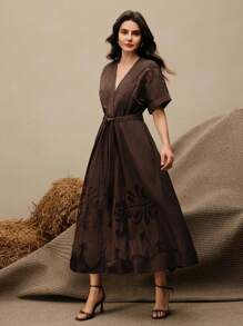 Anewsta Women's Fashionable Elegant Hollow Embroidery Dress - Coffee - View 3