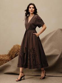 Anewsta Women's Fashionable Elegant Hollow Embroidery Dress - Coffee - View 6