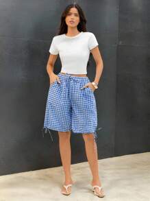 SHEIN SXY 女式蓝白格子抽绳腰百慕大短裤、格子短裤、格纹短裤、女式夏季短裤、蓝色格子短裤、系带短裤、校服、女士度假装、女士沙滩装、返校装、女士外出上衣、飘逸裤、格子 - 淺藍色 - 查看 4