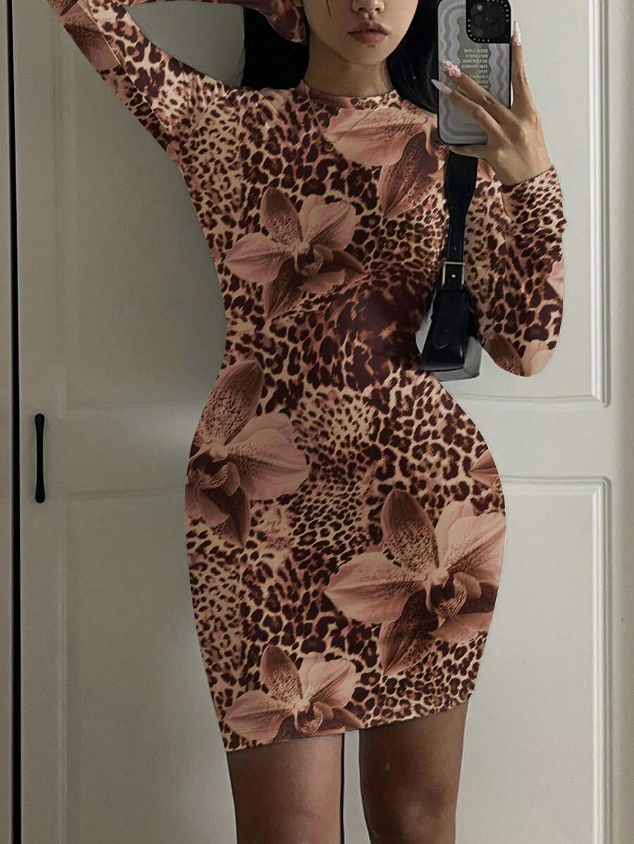Modelyn 女士休闲基本款铅笔裙,性感长袖紧身中长款俱乐部连衣裙 - 彩色 - 查看 1