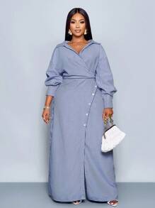 SOLERSUN Plus Size Women's Stripe Print Button-Up Front Shirt Dress, Asymmetric Hem, Dolman Sleeves, Slit A-Line Long Skirt,Wrap Shirt, Fall Clothing, Long Sleeves, Winter Clothing, Elegant, Daily Commute, Our Way Of Travel, Casual, Two Pieces Set