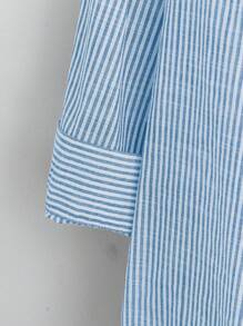 EMERY ROSE 大码长袖休闲条纹衬衫，秋季女装 - 霧霾藍 - 查看 5