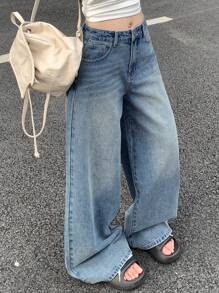 DAZY 休闲做旧宽松阔腿低腰牛仔裤