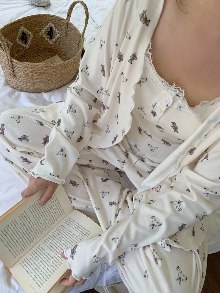 Dazy Plus 3pcs Plus Size Women Floral Print Cami Top, Loose Robe And Elastic Waist Pants Pajama Set, Fall Winter Clothes