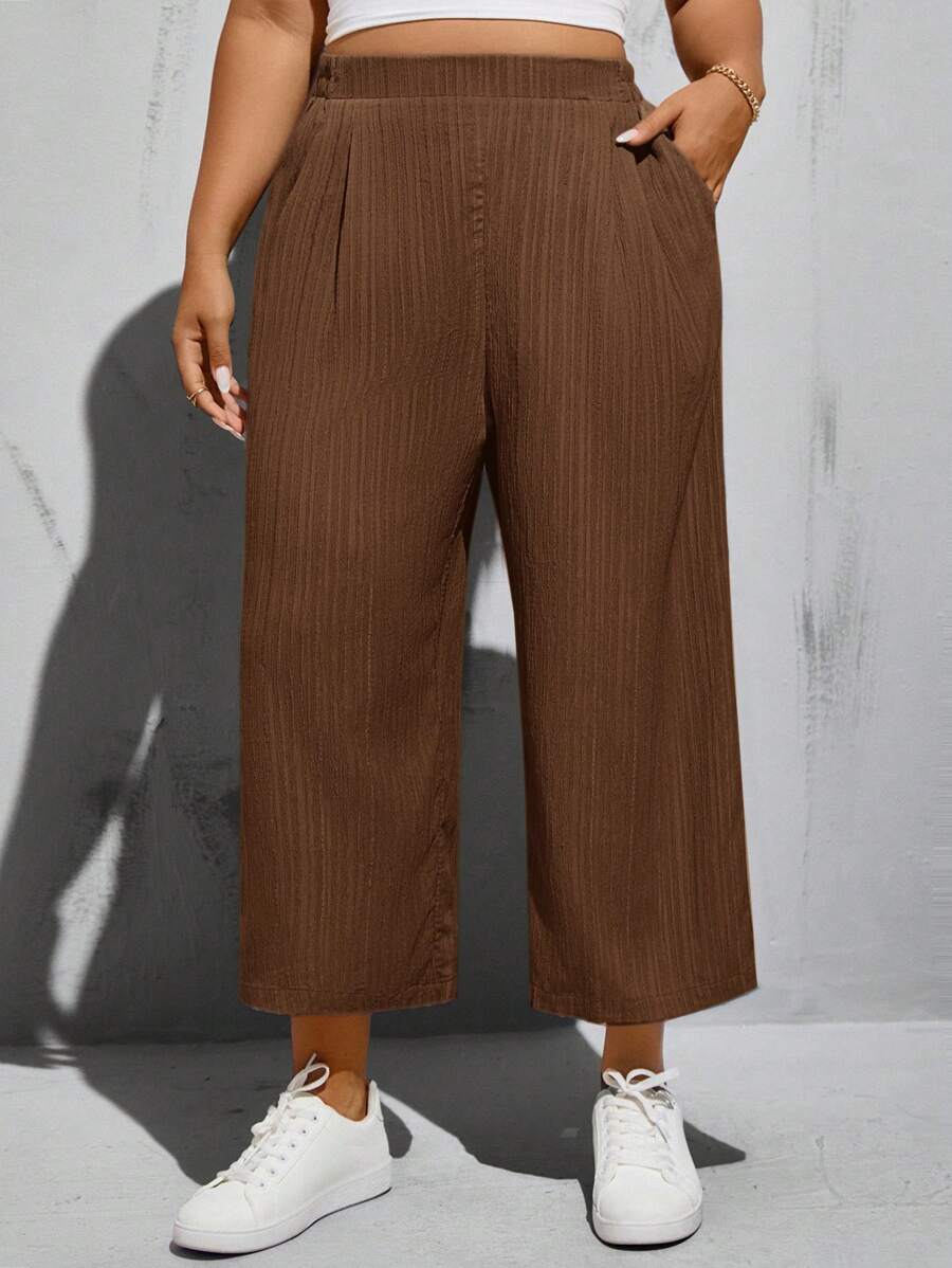 SHEIN Essnce Plus Size Spring And Summer Fashion Casual Loose Comfortable Basic Daily Versatile Elastic Waist Cropped Pants, Simple Style, Work Pants - Brown - View 1