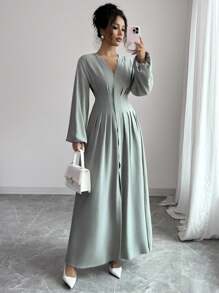 Elenzga 女士优雅复古腰带褶皱长袖中长连衣裙，适合办公室、通勤、海滩度假、休闲下午茶、春夏季 - 薄荷綠 - 查看 6