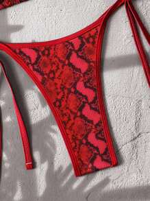 Swim Vcay 2pcs/Set Random Print Ribbed Texture Halter Micro Triangle Bra And Side Tie Thong Sexy Bikini Set For Summer Beach Vacation