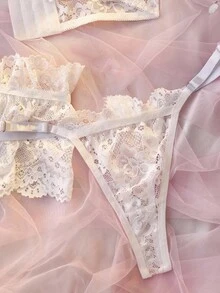 5pcs Floral Lace Underwire Garter Lingerie Set - White - View 3