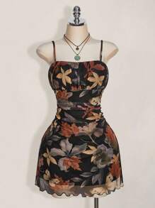 SHEIN ICON Vestido de tamaño talla grande grande para mujer con estampado vintage de hojas de arce con volantes, apto para vacaciones o vuelta al colegio, adecuado para verano