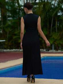 Andrea Bello Vestido maxi elegante para mujer de unicolor, con cuello de pie, dobladillo plisado y sin mangas - Negro - Ver 2