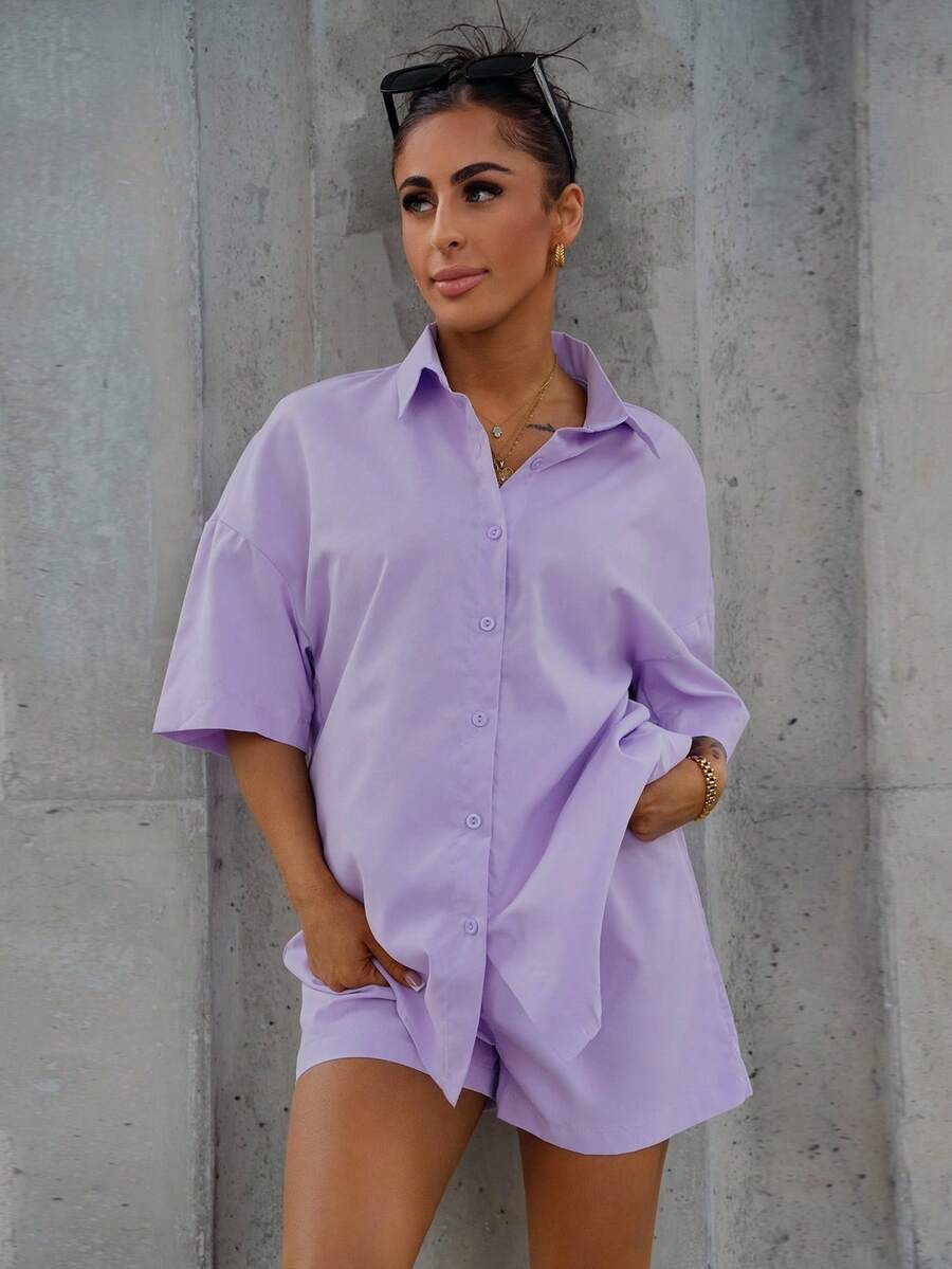 SAYEHFBABY 素色前排扣落肩袖襯衫和短褲 - 紫丁香色 - 查看 1