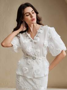 Anewsta Elaire Blusa elegante de moda con cuello en V, mangas abullonadas y flores 3D, para verano - Albaricoque - Ver 3