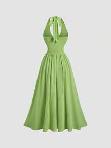 Sweetra 法国春夏新款黄色优雅高端时尚小众针织挂脖收腰性感女长裙 - 綠色 - 查看 2