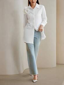 Veilorie 女式纯色 3D 花卉装饰长袖时尚衬衫 - 白色 - 查看 6