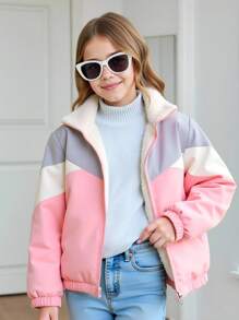 Tween 女童长袖拉链连帽羊毛拼布夹克