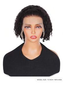 13x4透明蕾絲短捲髮波波頭假髮，女士嬰兒頭現挑人髮鬆緊，全手工綁定蕾絲頭套，自然黑色 - Natural Black - 查看 2