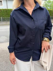 Jeta Ari 女士纯色休闲百搭宽松长袖翻领口袋衬衫，适合春夏季亚麻 - 藏蓝色 - 查看 3