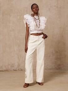 Lumalex VITNOS Fall Holiday Premium Luxury BOHO Old Money Women's Hollow Out Design Pocket Wide Leg Loose Casual Pants