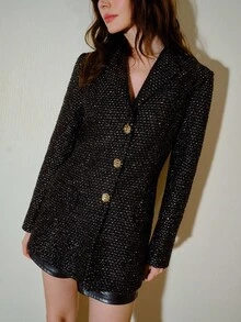 MOTF PREMIUM 秋冬款粗花呢纽扣西装外套 - 黑色 - 查看 2