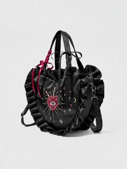 Grunge Punk Sac à main en forme de cœur avec motifs d'œil, de cœur, d'étoile et de gemme, décoré de dentelle, grande capacité, fourre-tout, pour femmes, sac à bandoulière, Style n° 1337053