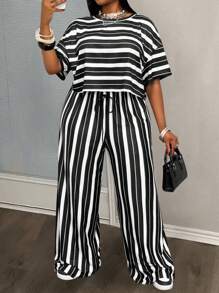 Slaydiva 2 Stücke/Set Damen Große Größen Schwarz & Weiß gestreifter Muster, locker geschnittenes Crop Top mit Dropped Shoulder und weite Hose, lässiger Anzug, Frühling/Sommer gestreiftes Zweiteiler Set Schwarz und Weiß, Zweiteiler Hosen Set Damen weite Beine, Schwarz und Weiß Zweiteiler Set - Schwarz und Weiss - Übersicht 10