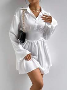 SHEIN Tall 女士时尚长袖腰带修身高腰中长连衣裙，秋冬 - 白色 - 查看 4