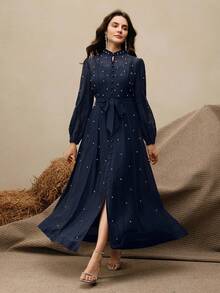 Anewsta Women's Long Dress With 3D Rhinestone Decor, Elegant And Versatile Formal Gown - Navy Blue - View 7