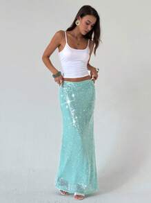 Aloruh New Y2K Style Glitter Long Skirt, Sexy Sequin Minimalist Fashion Streetwear Party Music Festival Vacation Low Waist Bodycon Skirt Wedding - Blue - View 3