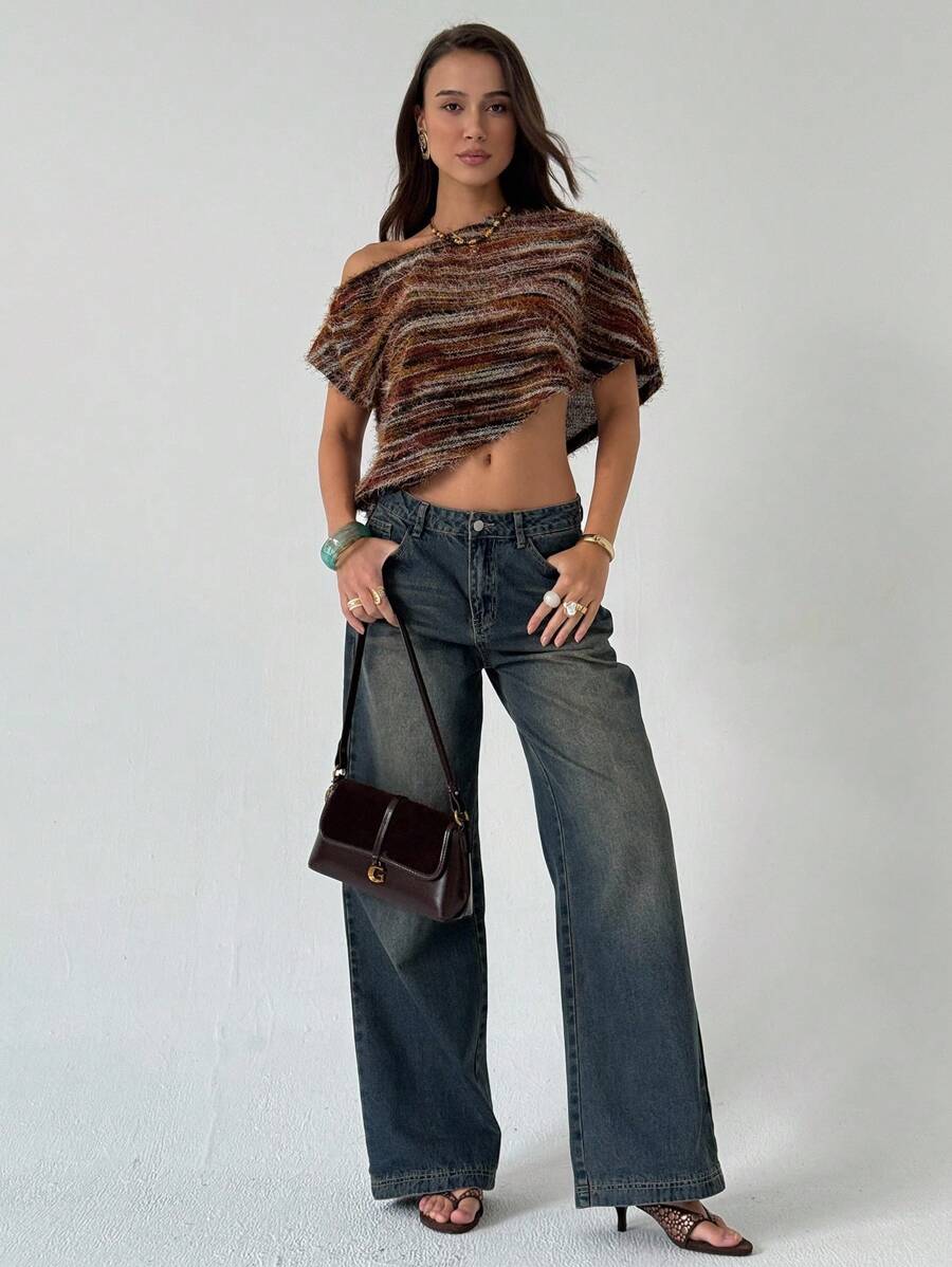 Aloruh Women's Maillard Color Faux Fur T-Shirt, One Shoulder - Brown - View 1