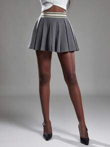 NYA SZN 飘逸高腰日常休闲办公室百褶裙商务休闲迷你裙女装 - 灰色 - 查看 1