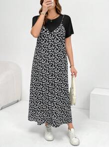 SHEIN Essnce 大码女式夏季两件套、连衣裙套装、短袖两件套、花裙套装、狂欢装扮节日飘逸连衣裙度假两件套 - 黑色 - 查看 5