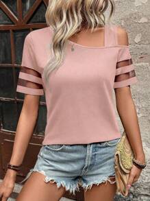 SHEIN LUNE 女士休闲度假不对称肩部短袖网眼拼布 T 恤 - 藕粉色 - 查看 3