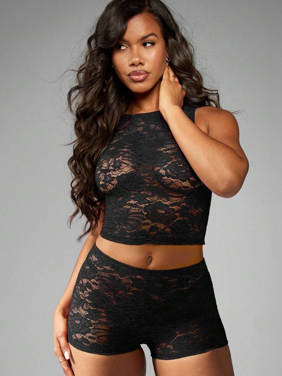 MISSGUIDED Elegant Lace Two Piece Set Crop Top High Waist Shorts Party Club Wear Festival Co Ord Outfit Summer Spring Occasion Wear - Black - View 1