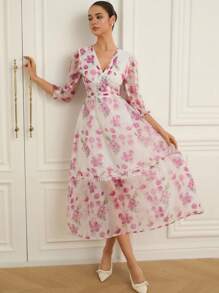 GENKIRA Vestido largo elegante y romántico de estilo francés para mujer con escote en V, manga 3/4, fruncido en la cintura, diseño de bajo con volantes, estampado floral de gasa, lujoso y elegante - Multicolor - Ver 5