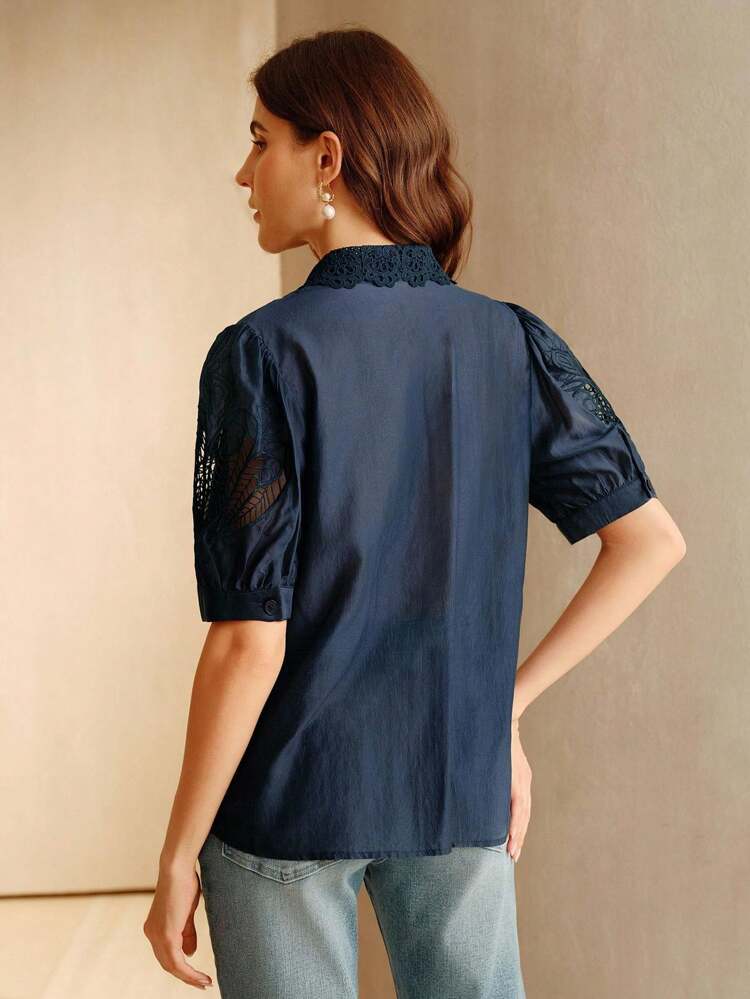 Solid Color Elegant Short Sleeve Embroidered Blouse For Women, Suitable For Spring, Summer, Festival, Holiday, Vacation, Elegant, Casual, Classy, Beach
