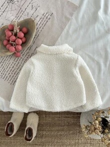 SHEIN Baby Girl Thick Fleece Embroidered Flower Collar Long Sleeve Jacket, Autumn/Winter Fall - White - View 2