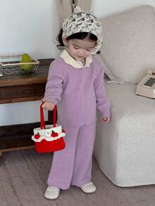 DAZY 女婴休闲撞色领毛衣和针织裤套装，秋冬季幼儿女童服装 - 淡紫色 - 查看 9