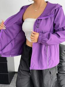 Flirla 大码女式秋冬立领方领连帽夹克，紫色长袖，真口袋，前拉链，夜光，防水，优雅复古休闲运动学院风 - 紫色 - 查看 6