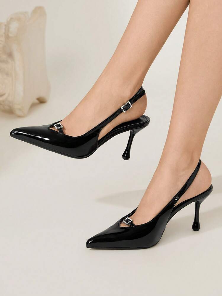 CUCCOO CHICEST Women Elegant Pointy Toe Bowknot Stilettos High Heel Pumps, Glossy Black Patent Leather Backless Dress Shoes For Commuting, Date, Afternoon Tea, Classic & Refined