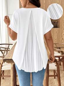 Breezaya Camiseta casual de manga corta con cuello en V y pliegues en la espalda, de unicolor, para salir, vacaciones y uso casual de negocios, talla grande para mujer