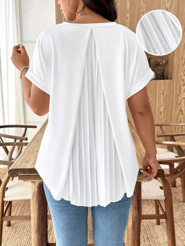 Breezaya Maglietta casual da donna taglie forti, semplice, con scollo a V, con pieghe sulla schiena e maniche corte, adatta per uscite, vacanze e casual business in estate