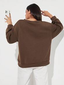 SHEIN EZwear 字母&美式足球圖案落肩袖運動衫不帶襯衫 - 棕色 - 查看 2