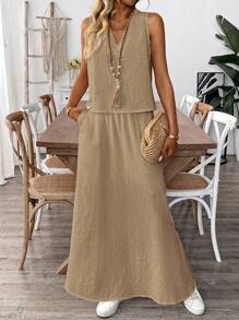 EMERY ROSE 1 Set Atasan Tanpa Lengan dan Rok Panjang Linen Warna Polos untuk Wanita - Khaki - View 5