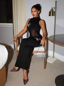 SHEIN SXY Sequin Embroidered Sexy Mesh Patchwork Black Dress, Black Maxi Dress, Mesh Panel Dress, See Through Maxi Dress, Mock Neck Maxi Dress, Rhinestone Maxi Dress,Y2k,Elegant Dresses For Women,Country Concert Outfit,Club Outfits Women Sexy,Prom - Black - View 7