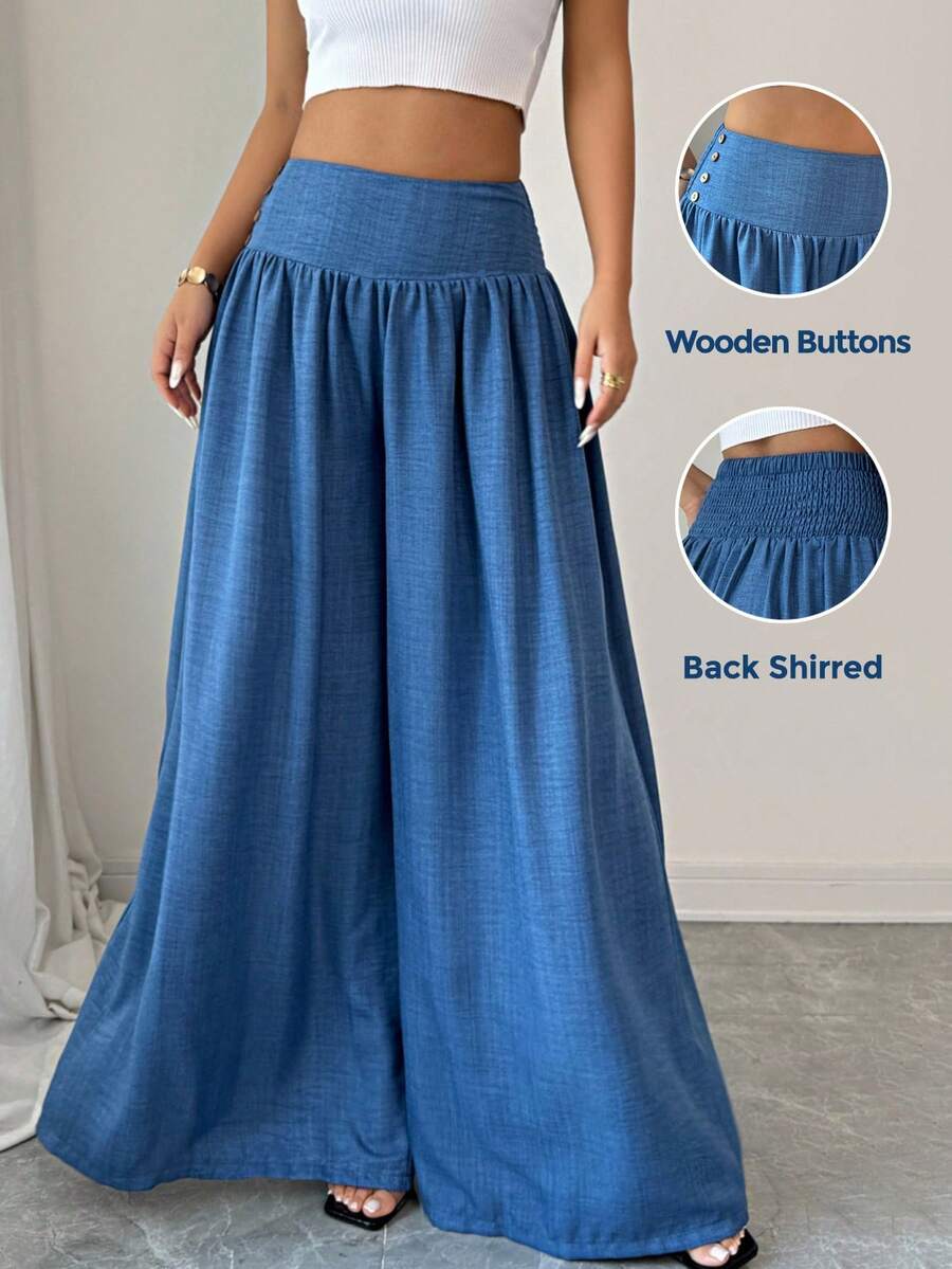 SHEIN LUNE 女式低腰牛仔蓝色垂坠面料侧扣设计优雅休闲度假氛围感恩节万圣节秋季新款时尚百搭小众设计宽松直筒阔腿长裤 - 藍色 - 查看 1