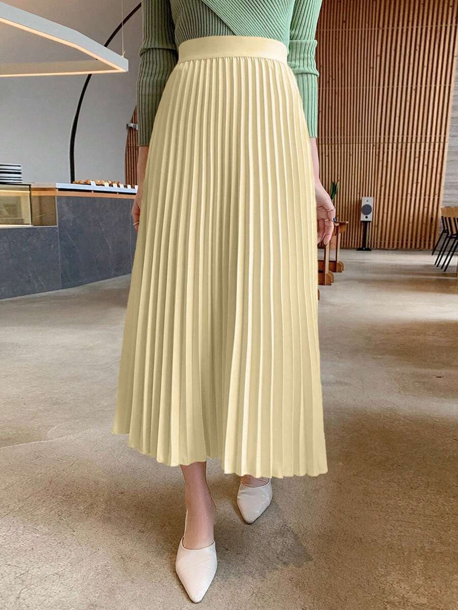 DAZY Chân váy xếp ly chữ A màu trơn dành cho nữ, thanh lịch cho mùa xuân/hè, thu, đông. - Màu Mù tạt vàng - Xem 1